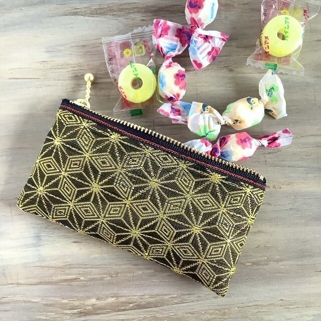 【キウイ麻の葉】畳縁 ぺたんこ ミニポーチ カードケース 小銭入れ 和風 黒 金