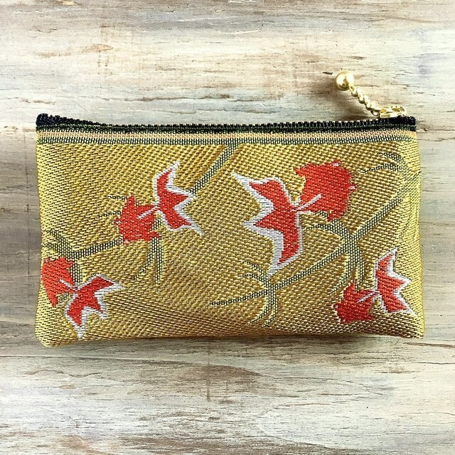 【金魚】畳縁 ぺたんこ ミニポーチ カードケース 小銭入れ 金 シノワズリ 和風 黄色