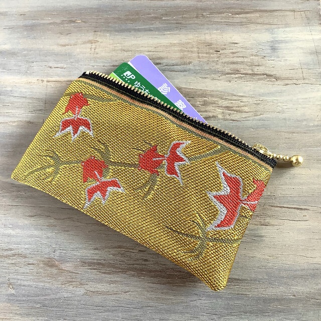 【金魚】畳縁 ぺたんこ ミニポーチ カードケース 小銭入れ 金 シノワズリ 和風 黄色