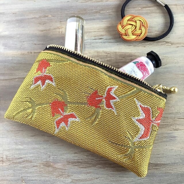 【金魚】畳縁 ぺたんこ ミニポーチ カードケース 小銭入れ 金 シノワズリ 和風 黄色