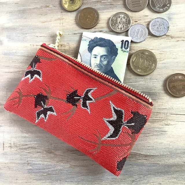 【金魚】畳縁 ぺたんこ ミニポーチ カードケース 小銭入れ 赤 黒金魚 シノワズリ 和風