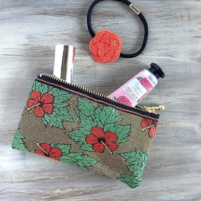 【ハイビスカス】畳縁 ぺたんこ ミニポーチ カードケース 小銭入れ リゾート 夏