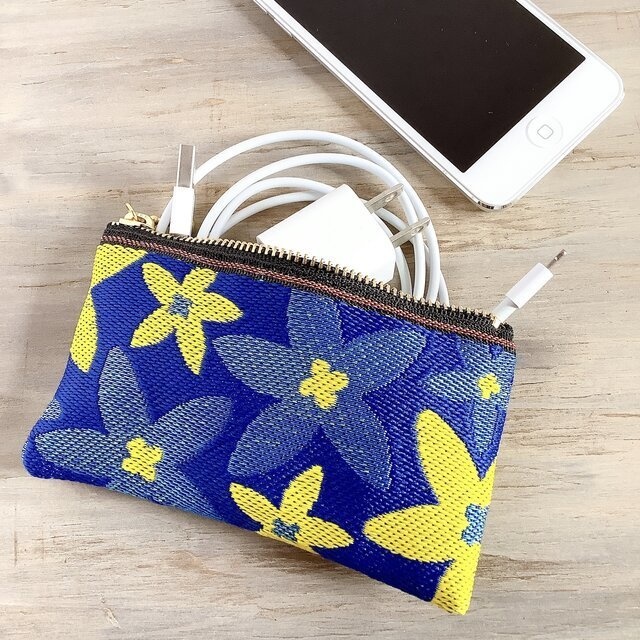 【スターフラワー】畳縁 ぺたんこ ミニポーチ カードケース 小銭入れ 青 黄色 大人可愛い