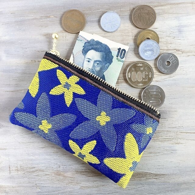 【スターフラワー】畳縁 ぺたんこ ミニポーチ カードケース 小銭入れ 青 黄色 大人可愛い