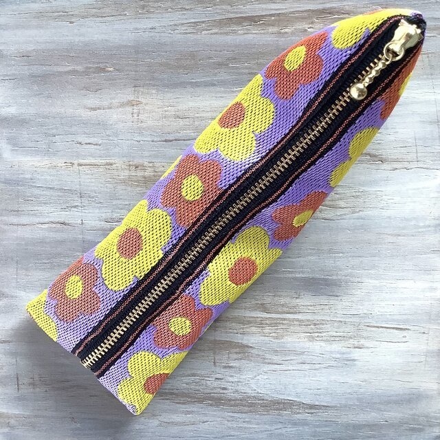 【レトロポップ 花柄】畳縁 テトラ型 ペンケース パープル オレンジ 黄色 大人可愛い