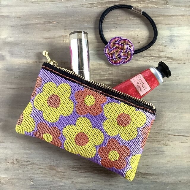 【レトロポップ 花柄】畳縁 ぺたんこ 小銭入れ ミニポーチ カードケース パープル オレンジ 黄色