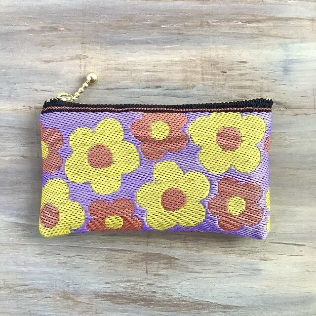 【レトロポップ 花柄】畳縁 ぺたんこ 小銭入れ ミニポーチ カードケース パープル オレンジ 黄色