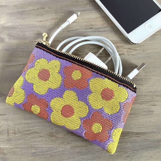 【レトロポップ 花柄】畳縁 ぺたんこ 小銭入れ ミニポーチ カードケース パープル オレンジ 黄色