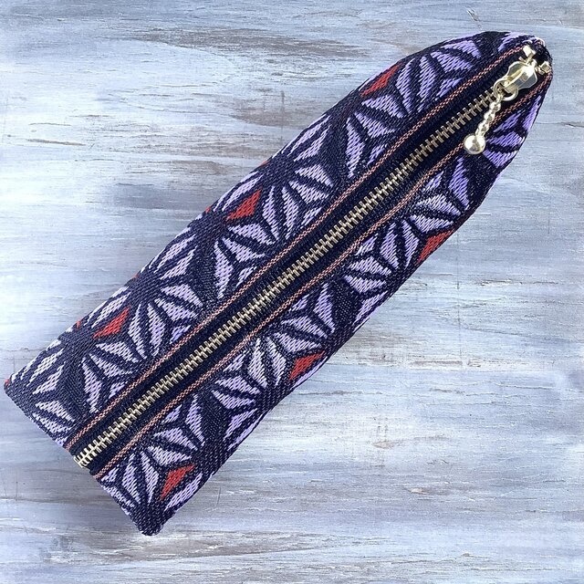 【麻の葉】畳縁 テトラ型 ペンケース ステンドグラス風 紫 和風