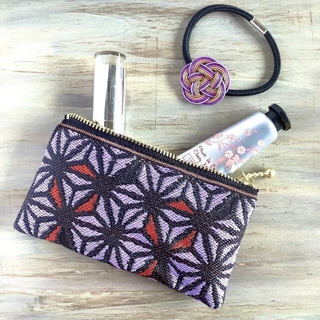 【麻の葉】畳縁 ぺたんこ 小銭入れ ミニポーチ カードケース ステンドグラス風 紫 和風