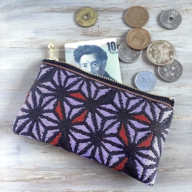 【麻の葉】畳縁 ぺたんこ 小銭入れ ミニポーチ カードケース ステンドグラス風 紫 和風