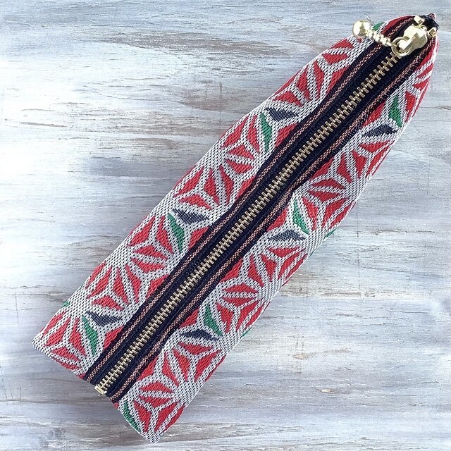 【麻の葉】畳縁 テトラ型 ペンケース ステンドグラス風 白 赤 和風