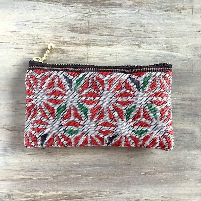 【麻の葉】畳縁 ぺたんこ 小銭入れ ミニポーチ カードケース ステンドグラス風 白 赤 和風