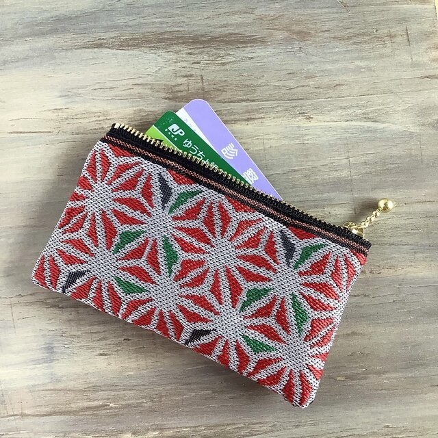 【麻の葉】畳縁 ぺたんこ 小銭入れ ミニポーチ カードケース ステンドグラス風 白 赤 和風