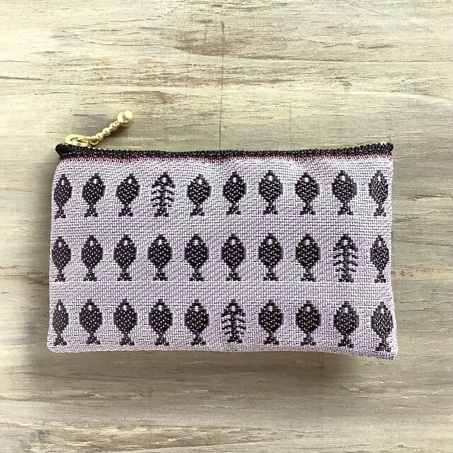 【お魚】畳縁 ぺたんこ ミニポーチ カードケース 小銭入れ さかな 灰桜 ピンク