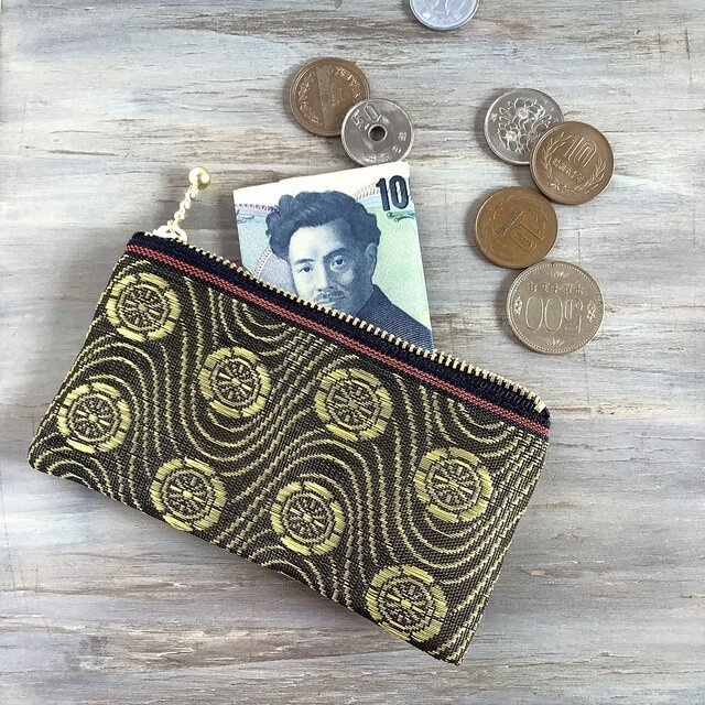 【波車輪】畳縁 テトラ型 ペンケース 金 黒 波 和風