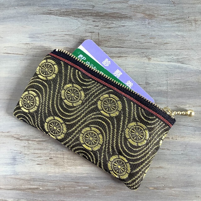 【波車輪】畳縁 ぺたんこ ミニポーチ カードケース 小銭入れ 金 黒 波