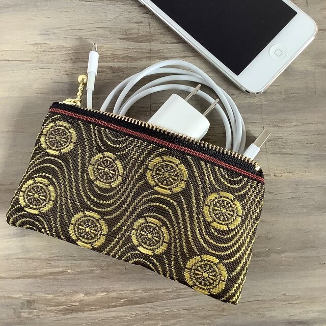 【波車輪】畳縁 ぺたんこ ミニポーチ カードケース 小銭入れ 金 黒 波