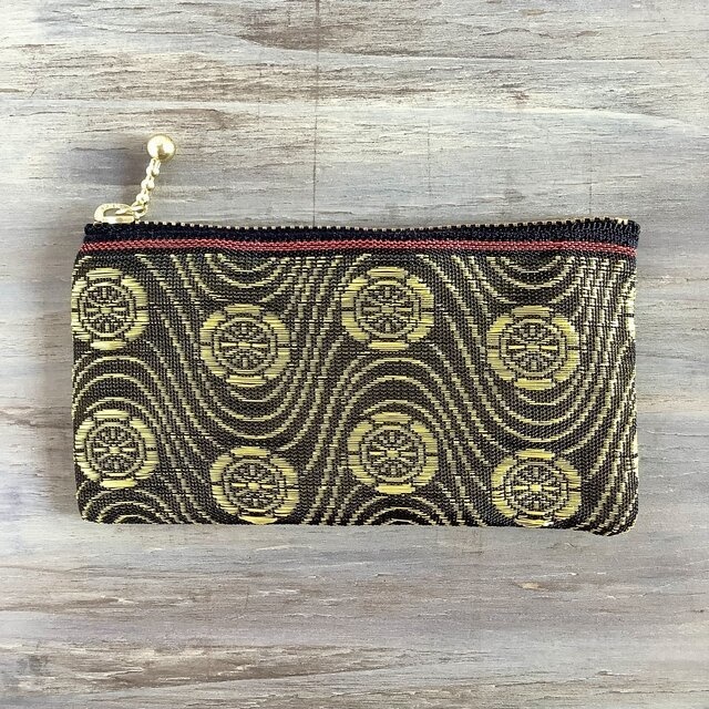 【波車輪】畳縁 ぺたんこ ミニポーチ カードケース 小銭入れ 金 黒 波
