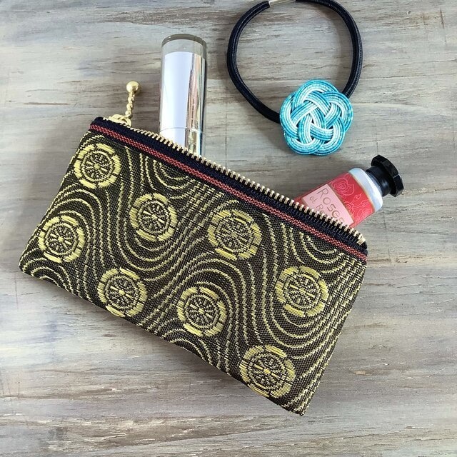 【波車輪】畳縁 ぺたんこ ミニポーチ カードケース 小銭入れ 金 黒 波