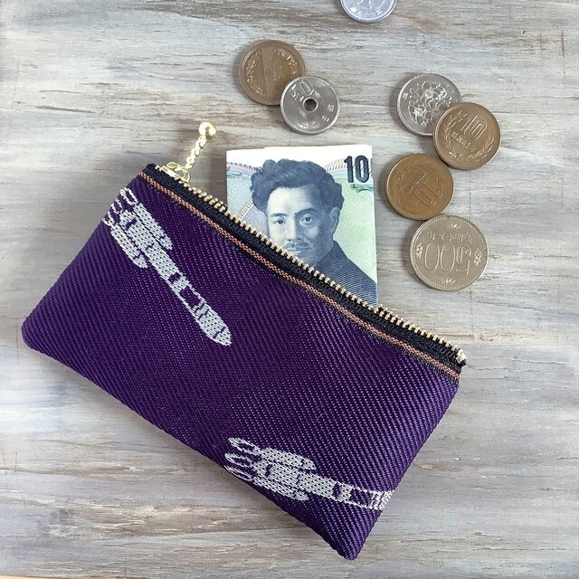 【ロケット】畳縁 ぺたんこ ミニポーチ カードケース 小銭入れ 宇宙 紫