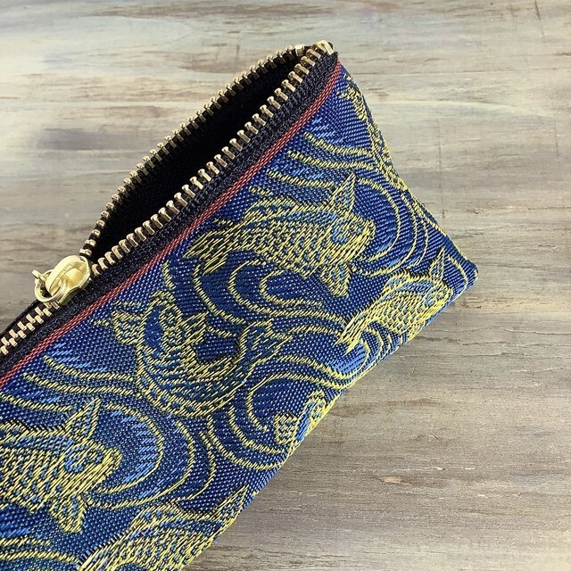 【登竜門】畳縁 テトラ型 ペンケース 鯉 青 金 コイ 魚 縁起物 おうち時間