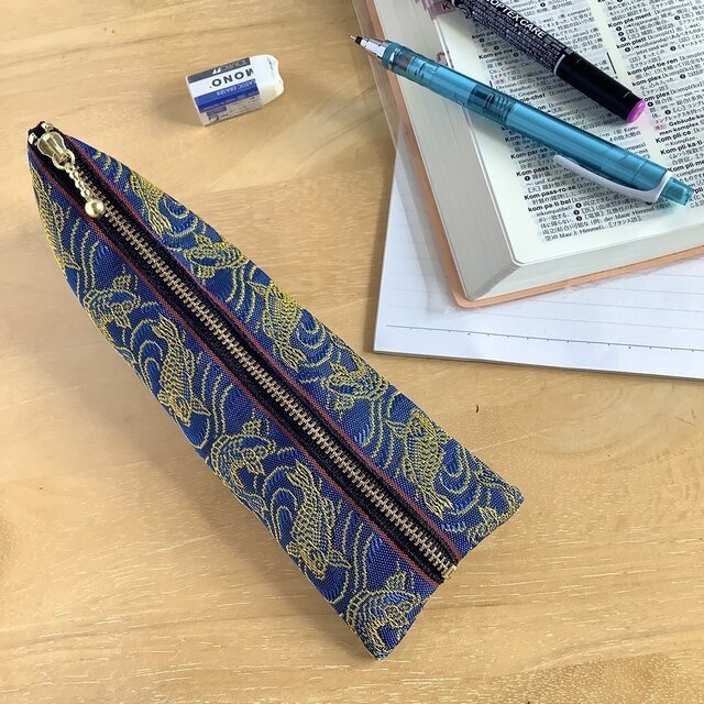 【登竜門】畳縁 ぺたんこ ミニポーチ カードケース 小銭入れ 鯉 縁起物 青 金