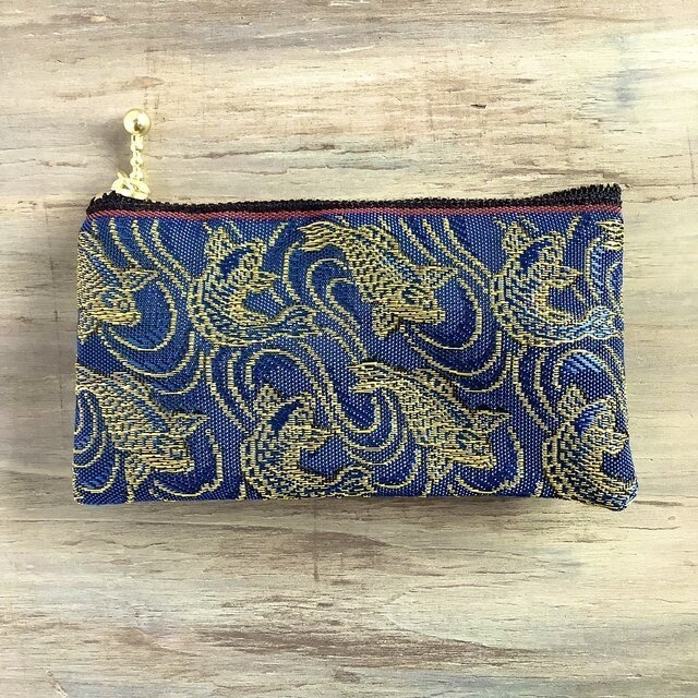 【登竜門】畳縁 ぺたんこ ミニポーチ カードケース 小銭入れ 鯉 縁起物 青 金