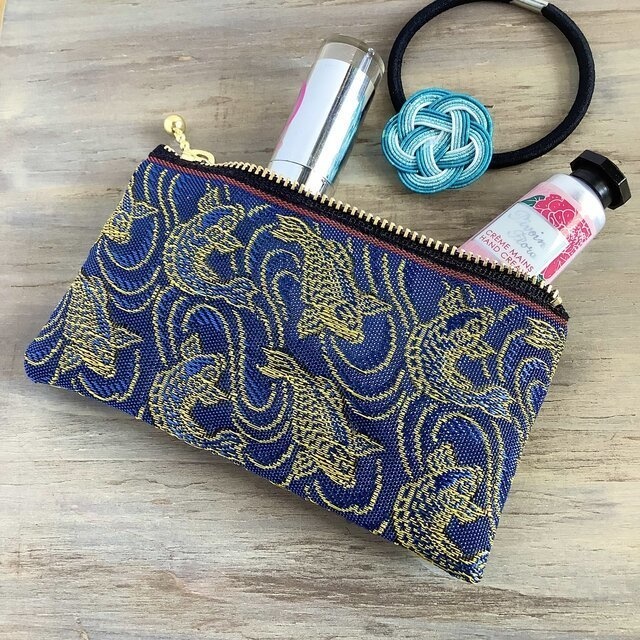 【登竜門】畳縁 ぺたんこ ミニポーチ カードケース 小銭入れ 鯉 縁起物 青 金