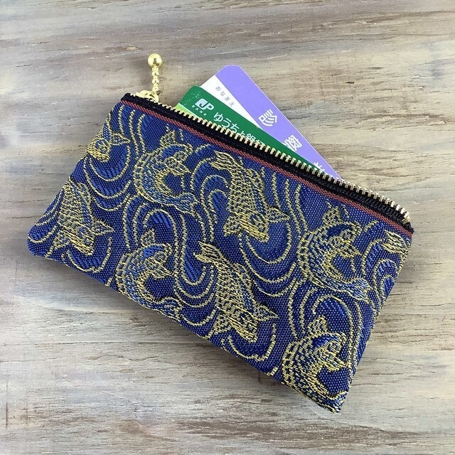 【登竜門】畳縁 ぺたんこ ミニポーチ カードケース 小銭入れ 鯉 縁起物 青 金