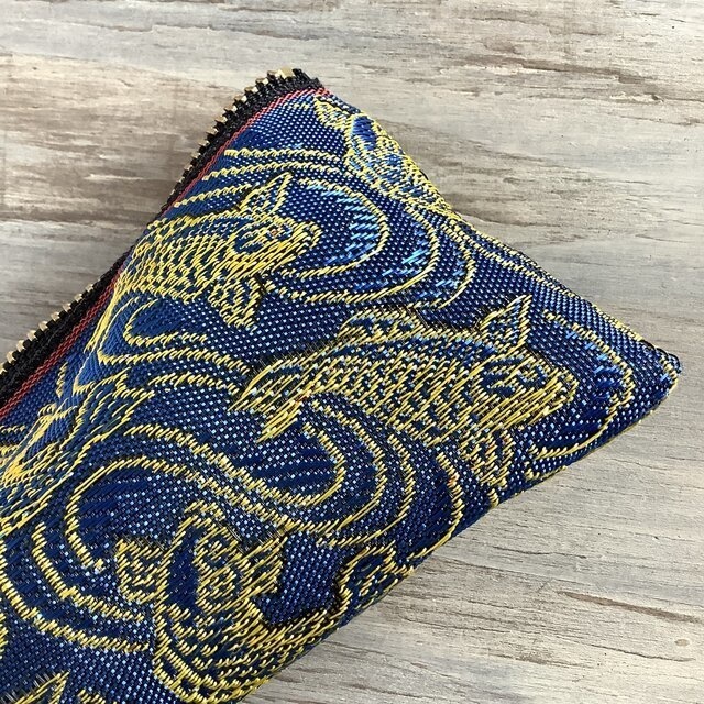 【登竜門】畳縁 ぺたんこ ミニポーチ カードケース 小銭入れ 鯉 縁起物 青 金