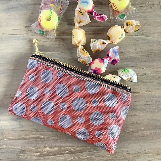 【水玉】畳縁 ぺたんこ ミニポーチ カードケース 小銭入れ ピンク グレー ドット