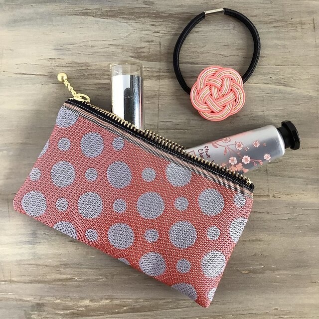 【水玉】畳縁 ぺたんこ ミニポーチ カードケース 小銭入れ ピンク グレー ドット