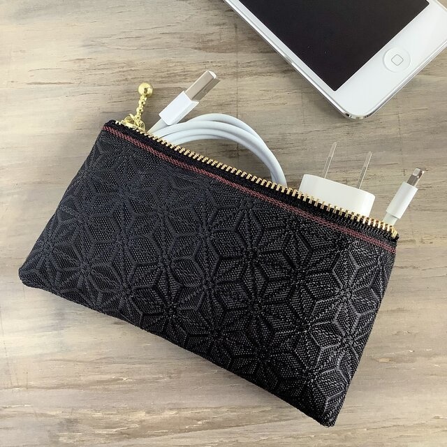 【麻の葉】畳縁 テトラ型 ペンケース 黒 透け感 クール モノトーン 縁起物