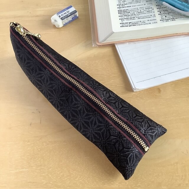 【麻の葉】畳縁 ぺたんこ ミニポーチ カードケース 小銭入れ 黒 縁起物