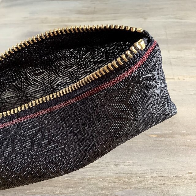 【麻の葉】畳縁 ぺたんこ ミニポーチ カードケース 小銭入れ 黒 縁起物