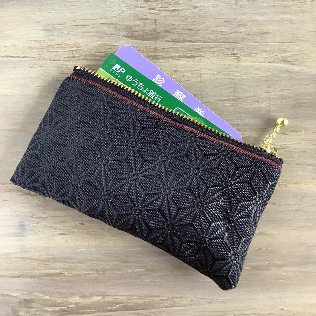 【麻の葉】畳縁 ぺたんこ ミニポーチ カードケース 小銭入れ 黒 縁起物
