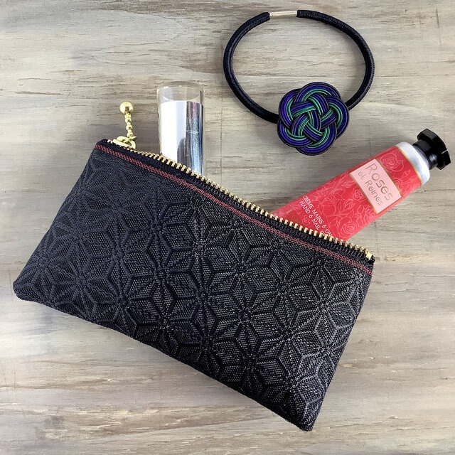 【麻の葉】畳縁 ぺたんこ ミニポーチ カードケース 小銭入れ 黒 縁起物