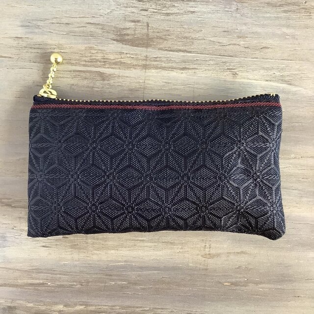 【麻の葉】畳縁 ぺたんこ ミニポーチ カードケース 小銭入れ 黒 縁起物