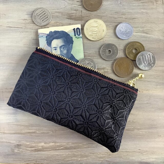 【麻の葉】畳縁 ぺたんこ ミニポーチ カードケース 小銭入れ 黒 縁起物