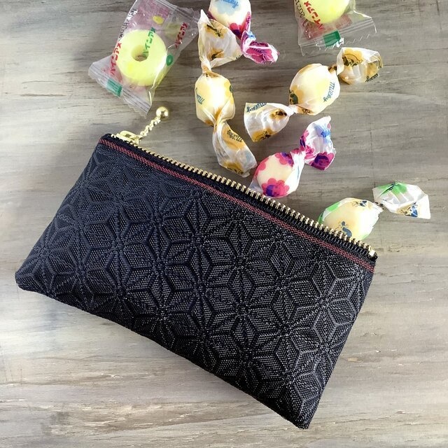 【麻の葉】畳縁 ぺたんこ ミニポーチ カードケース 小銭入れ 黒 縁起物