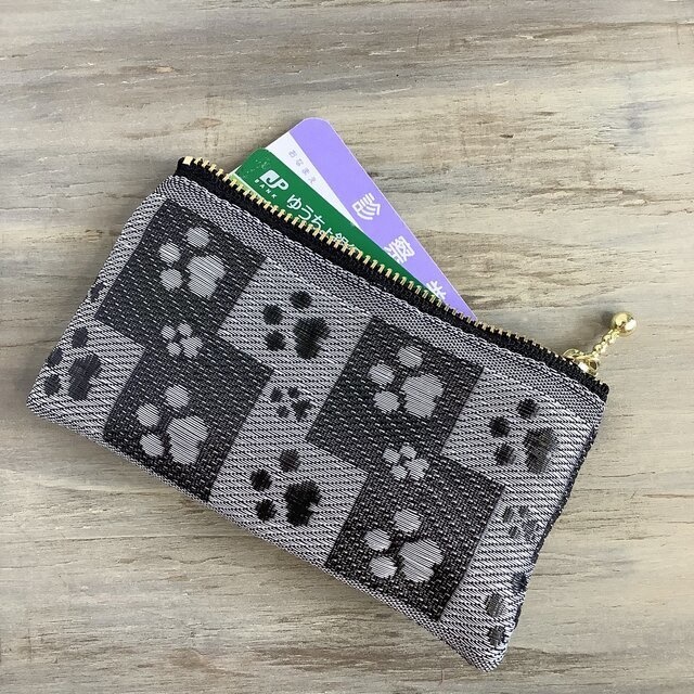 【肉球】畳縁 ぺたんこ ミニポーチ カードケース 小銭入れ 足あと 黒 グレー 犬 猫