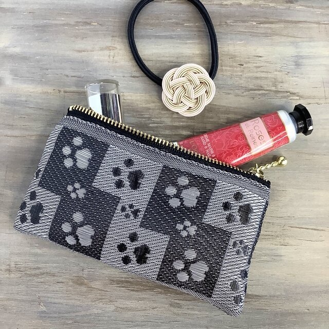 【肉球】畳縁 ぺたんこ ミニポーチ カードケース 小銭入れ 足あと 黒 グレー 犬 猫