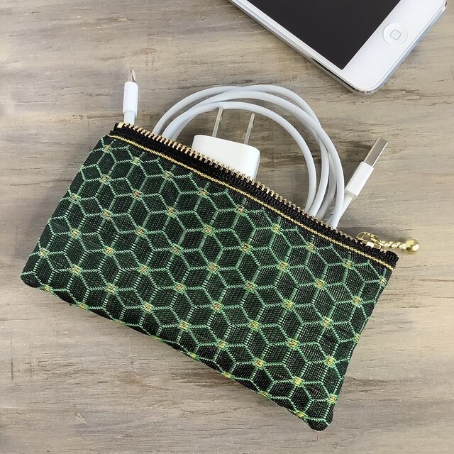 【サボテン】畳縁 ぺたんこ ミニポーチ カードケース 小銭入れ 麻の葉 キューブ 黒 緑