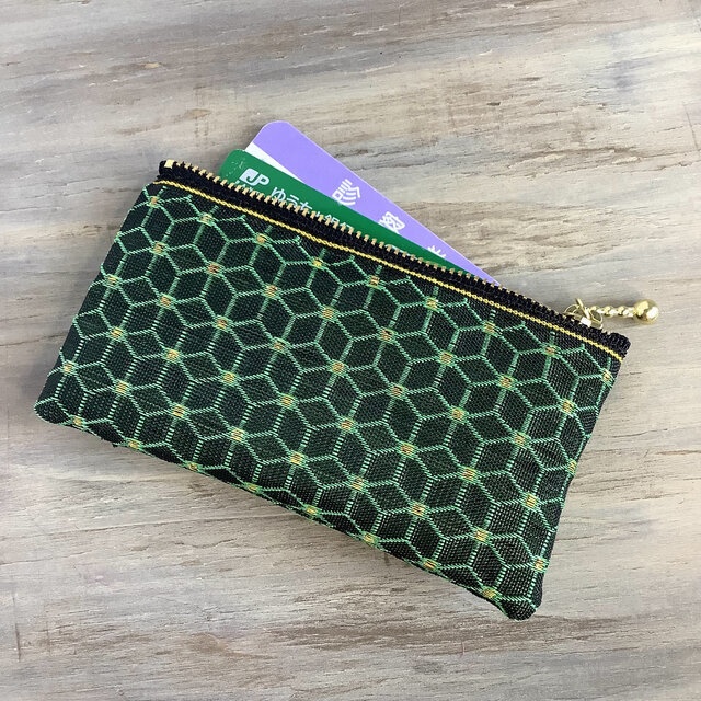 【サボテン】畳縁 ぺたんこ ミニポーチ カードケース 小銭入れ 麻の葉 キューブ 黒 緑
