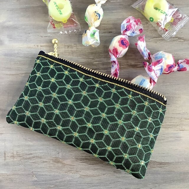 【サボテン】畳縁 ぺたんこ ミニポーチ カードケース 小銭入れ 麻の葉 キューブ 黒 緑