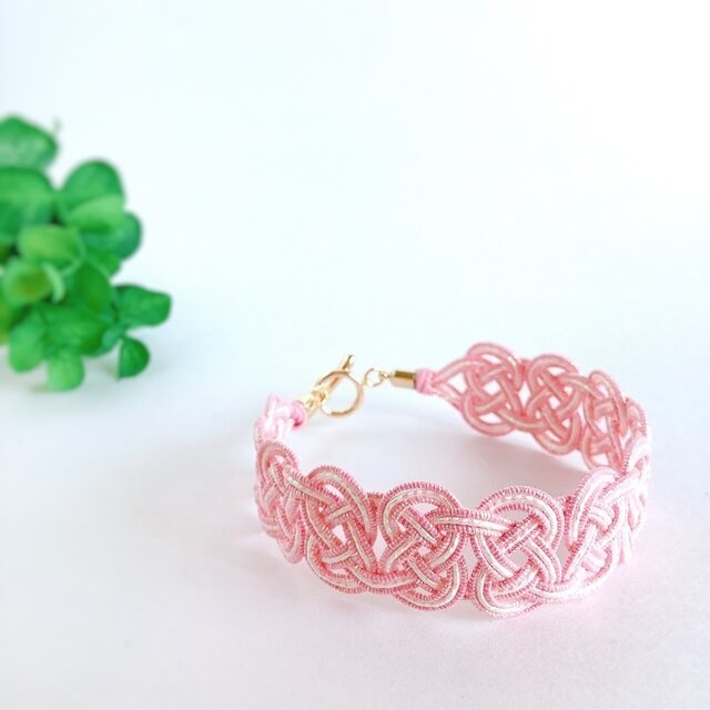 水引 ブレスレット【しましまピンク】ピンク 白 大人可愛い