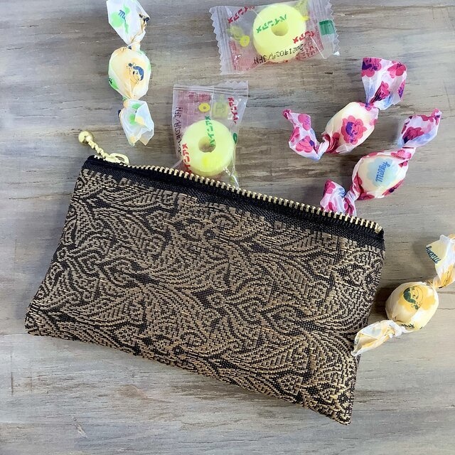 【エスニック】畳縁 ぺたんこ ミニポーチ カードケース 小銭入れ オリエンタル 黒 ゴールド