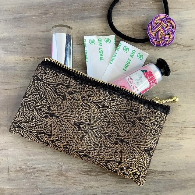 【エスニック】畳縁 ぺたんこ ミニポーチ カードケース 小銭入れ オリエンタル 黒 ゴールド