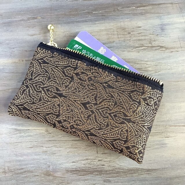 【エスニック】畳縁 ぺたんこ ミニポーチ カードケース 小銭入れ オリエンタル 黒 ゴールド